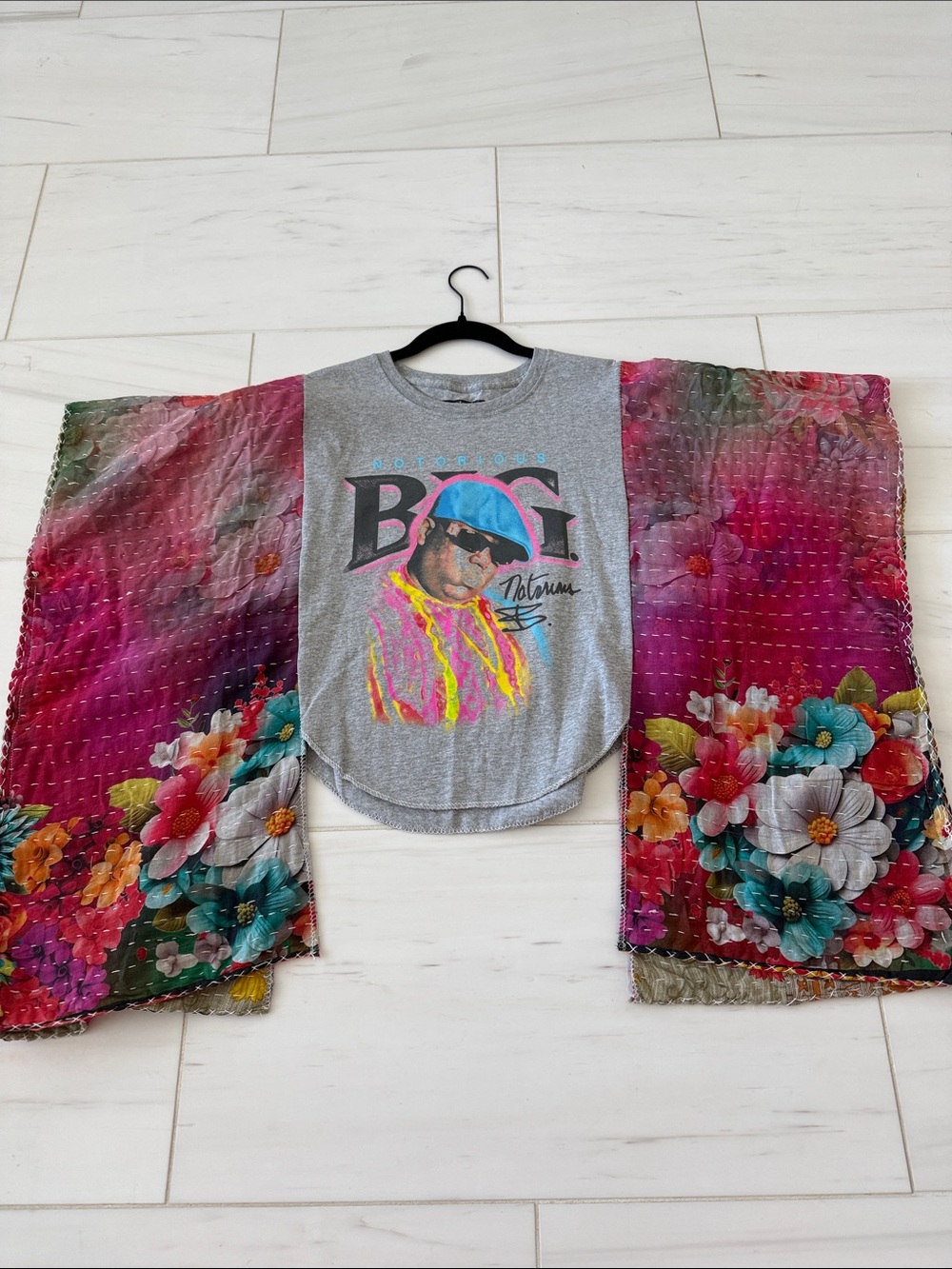 Graphic Short Sleeve Tee with Floral Sleeves - Gray & Multicolor - Picture 4 of 4